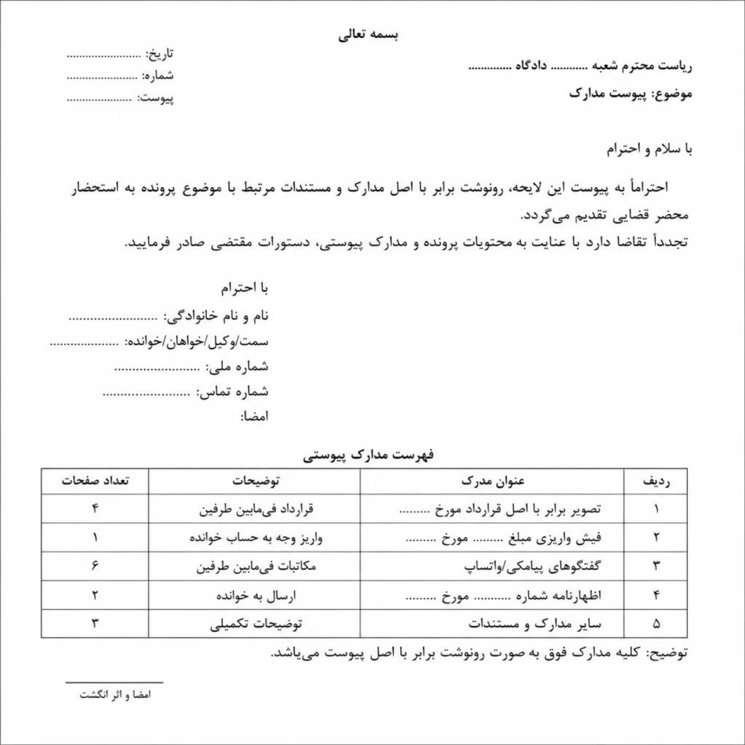 نمونه لایحه پیوست مدارک